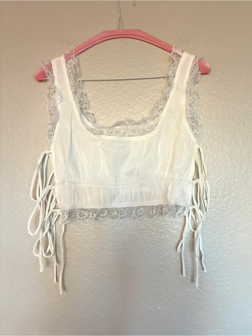 Beige Botany Lace-Trim White Crop Tank Top Size M Cotton Blend Cottagecore Y2K